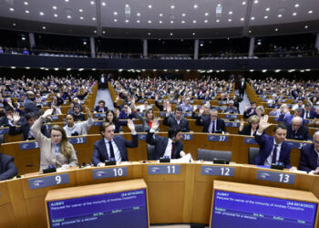 Members of the European Parliament vote on lifting immunity for Italian lawmaker Andrea Cozzolino and Belgian lawmaker Marc Tarabella, both of the centre-left Socialists and Democrats, who Belgian investigators want to question over a cash-for-influence corruption scandal, in Brussels, Belgium February 2, 2023. REUTERS/Yves Herman