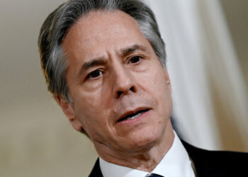 U.S. Secretary of State Antony Blinken speaks to the media with German Economy Minister Robert Habeck prior to meetings at the State Department in Washington, U.S., on February 7, 2023. Olivier Douliery/Pool via REUTERS