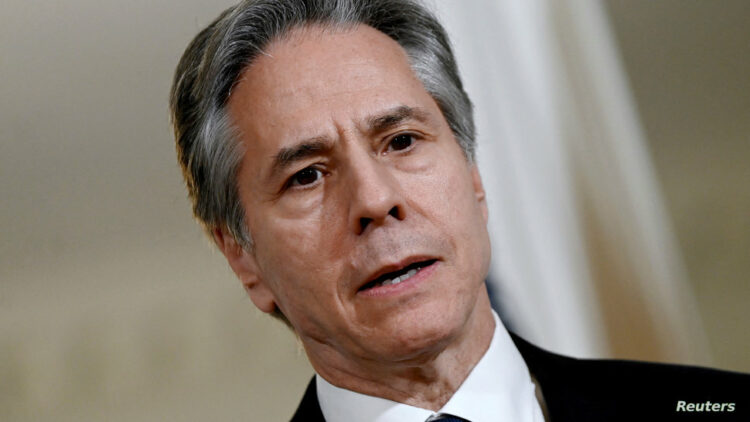 U.S. Secretary of State Antony Blinken speaks to the media with German Economy Minister Robert Habeck prior to meetings at the State Department in Washington, U.S., on February 7, 2023. Olivier Douliery/Pool via REUTERS