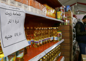 Oil bottles are displayed at a market selling food at discounted prices, after a devaluation of the Egyptian pound led to a sharp increase in prices, in Giza, Egypt, January 28, 2023. REUTERS/Hanaa Habib