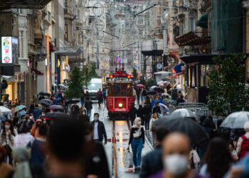 People wearing face masks walk on Istiklal Street, in Istanbul, on October 9, 2020. (Photo by Yasin AKGUL / AFP)