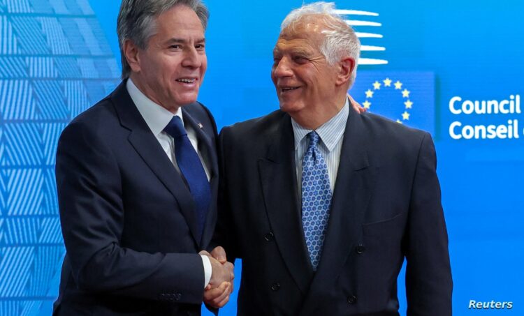 US Secretary of State Antony J. Blinken (L) is welcomed by European Union High Representative for Foreign Affairs and Security Policy Josep Borrell ahead of a EU-US Energy Council Ministerial Meeting in Brussels , Belgium, 04 April 2023. The US Secretary of State will take part later today in a two days Nato foreign ministers council.    OLIVIER MATTHYS/Pool via REUTERS