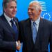 US Secretary of State Antony J. Blinken (L) is welcomed by European Union High Representative for Foreign Affairs and Security Policy Josep Borrell ahead of a EU-US Energy Council Ministerial Meeting in Brussels , Belgium, 04 April 2023. The US Secretary of State will take part later today in a two days Nato foreign ministers council.    OLIVIER MATTHYS/Pool via REUTERS
