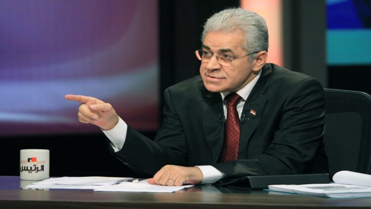 A picture taken in Cairo on May 8, 2014 shows Egyptian leftist presidential candidate Hamdeen Sabbahi as he speaks during a television interview with TV presenters Khayri Ramadan (not seen) and Mgdy el-Galad (not seen). Sabbahi faces an uphill battle in the May 26-27 poll against Abdel Fattah al-Sisi, the hugely popular former army chief who overthrew Islamist president Mohamed Morsi last July.  AFP PHOTO / STR        (Photo credit should read -/AFP/Getty Images)