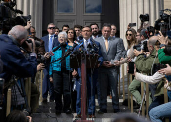 Speaker of the U.S. House of Representatives Mike Johnson (R-LA) speaks at a news conference at Columbia University in response to Demonstrators protesting in support of Palestinians, during the ongoing conflict between Israel and the Palestinian Islamist group Hamas, in New York City, U.S., April 24, 2024. REUTERS/Jeenah Moon      TPX IMAGES OF THE DAY