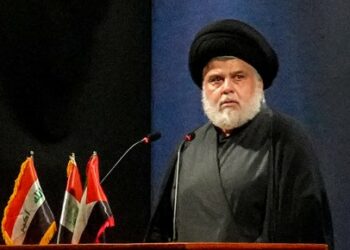 Shiite Muslim cleric Muqtada al-Sadr speaks during an event marking the anniversary of the death of his father Grand Ayatollah Mohammed Sadeq al-Sadr in Iraq's central holy shrine city of Najaf on May 11, 2024. (Photo by Qassem al-KAABI / AFP)