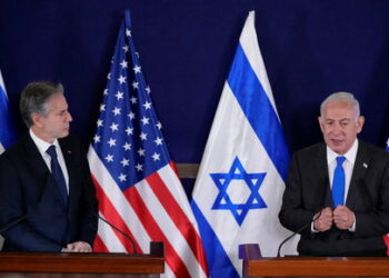 U.S. Secretary of State Antony Blinken and Israel’s Prime Minister Benjamin Netanyahu make statements to the media inside The Kirya, which houses the Israeli Ministry of Defense, after their meeting in Tel Aviv, Israel, Thursday Oct. 12, 2023. Jacquelyn Martin/Pool via REUTERS