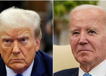 FILE PHOTO: Combination picture showing former U.S. President Donald Trump attending the Trump Organization civil fraud trial, in New York State Supreme Court in the Manhattan borough of New York City, U.S., November 6, 2023 and U.S. President Joe Biden participating in a meeting with Italy's Prime Minister Giorgia Meloni in the Oval Office at the White House in Washington, U.S., March 1, 2024. REUTERS/Brendan McDermid and Elizabeth Frantz/File Photo