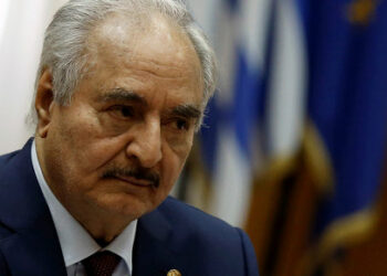 Libyan commander Khalifa Haftar meets Greek Prime Minister Kyriakos Mitsotakis (not pictured) at the Parliament in Athens, Greece, January 17, 2020. REUTERS/Costas Baltas