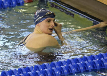 Mar 19, 2022; Atlanta, Georgia, USA; Penn Quakers swimmer Lia Thomas after the 100 free at the NCAA Swimming & Diving Championships at Georgia Tech. Mandatory Credit: Brett Davis-USA TODAY Sports