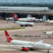 A picture taken from the new Air Traffic Control tower shows planes in Manchester airport, northwest England, on June 25, 2013, during a media preview of the 20 million British pound (31 million US dollars) facility which will be operational in the coming days. AFP PHOTO/Paul Ellis / AFP PHOTO / PAUL ELLIS