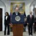 President Joe Biden arrives to speak from the Roosevelt Room of the White House in Washington, Sunday, July 14, 2024, about the apparent assassination attempt of former President Donald Trump at a campaign rally in Pennsylvania. Joining him are Vice President Kamala Harris, Attorney General Merrick Garland and Homeland Security Secretary Alejandro Mayorkas. (AP Photo/Susan Walsh)