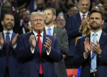 Republican presidential candidate former President Donald Trump appears with vice presidential candidate JD Vance, R-Ohio, during the Republican National Convention Monday, July 15, 2024, in Milwaukee. (AP Photo/Paul Sancya)