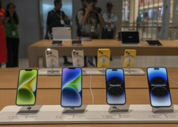 iPhones are on display during a press preview of India's first Apple Store in Mumbai, India, Monday, April 17, 2023. Apple will open its first retail store in India in Mumbai on Tuesday. (AP Photo/Rafiq Maqbool)