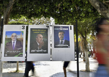 People walk past electoral posters ahead of the Sept.7 2024 presidential election in Algiers, Wednesday, Aug.21, 2024. (AP Photo/Fateh Guidoum)