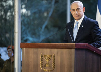 Israeli Prime Minister Benjamin Netanyahu speaks at the state memorial for Zionist leader Zeev Jabotinsky at Mount Herzl Military Cemetery in Jerusalem, on August 4, 2024. (Photo by Naama Grynbaum / POOL / AFP)