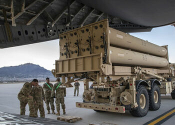 This image provided by the U.S. Air Force shows the U.S. Army Terminal High Altitude Area Defense (THAAD) launching station preparing to load onto a 4th Airlift Squadron C-17 Globemaster III at Fort Bliss, Texas, Feb. 23, 2019. (Staff Sgt. Cory D. Payne/U.S. Air Force via AP)