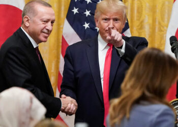 U.S. President Donald Trump greets Turkey's President Tayyip Erdogan after a joint news conference at the White House in Washington, U.S., November 13, 2019. REUTERS/Joshua Roberts