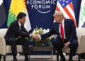 U.S. President Donald Trump meets with Kurdistan Regional Government President Nechirvan Barzani at the World Economic Forum, Wednesday, Jan. 22, 2020, in Davos, Switzerland. The 50th annual meeting of the forum is taking place in Davos from Jan. 21 until Jan. 24, 2020. (AP Photo/Evan Vucci)