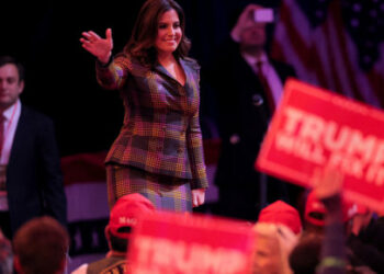 Elise Stefanik, U.S. Representative, waves during a rally for Republican presidential nominee and former U.S. President Donald Trump at Madison Square Garden, in New York, U.S., October 27, 2024. REUTERS/Andrew Kelly