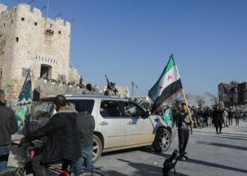 A man holds a Syrian Opposition flag at Aleppo's ancient citadel, after the Syrian army said that dozens of its soldiers had been killed in a major attack by rebels who swept into the city, in Aleppo, Syria November 30, 2024. REUTERS/Mahmoud Hassano