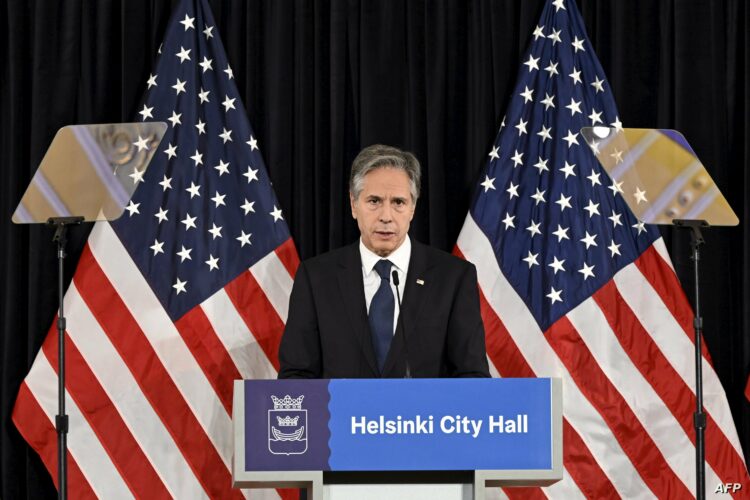 US Secretary of State Antony Blinken gives a speech at the Helsinki City Hall in Helsinki, Finland, on June 2, 2023. (Photo by Emmi Korhonen / Lehtikuva / AFP) / Finland OUT / FINLAND OUT