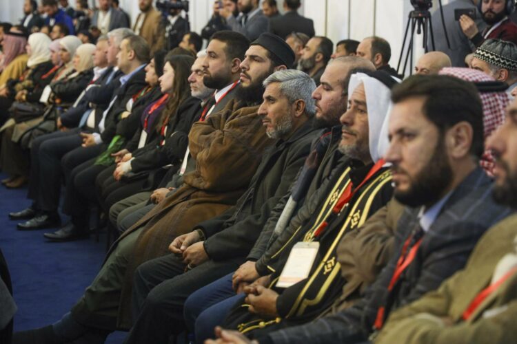 Participants attend Syria's national dialogue conference at the People’s Palace in Damascus, Syria, Tuesday Feb. 25, 2025.(AP Photo/Omar Albam)