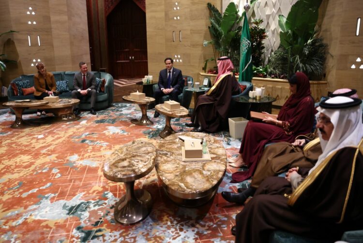 US Secretary of State Marco Rubio (C-L) meets with Saudi Arabia's Crown Prince Mohammed bin Salman (C-R) in Riyadh on February 17, 2025. (Photo by Evelyn Hockstein / POOL / AFP)