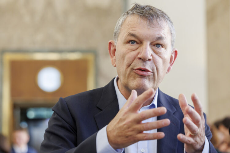 Philippe Lazzarini, United Nations Relief and Works Agency for Palestine Refugees in the Near East (UNRWA), briefs to the media following his executive briefing to Member States, at the European headquarters of the United Nations in Geneva, Switzerland, Tuesday, February 13, 2024. (KEYSTONE/Salvatore Di Nolfi)