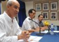 Members of the Parliamentary Monarchy Now in Morocco coalition, from left, Fouad abdelmoumni, Ali Ben Dine and Abdelamin Rayi give a press conference on June 28, 2011 in Rabat. The coalition said it was rejecting    constitutional reforms proposed by King Mohammed VI earlier this month to curb his power, saying it was not in line with principles and standards of a parliamentary monarchy.   AFP PHOTO / ABDELHAK SENNA (Photo by ABDELHAK SENNA / AFP)