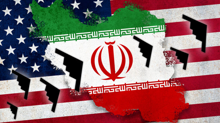 تضارب إيراني حول مكان المحادثات النووية مع واشنطن 1 Flag and country of Iran layered over the USA flag. With a weathered, textured graphic design edit. Diplomatic, conflict concept."n"n
