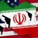 Flag and country of Iran layered over the USA flag. With a weathered, textured graphic design edit. Diplomatic, conflict concept."n"n
