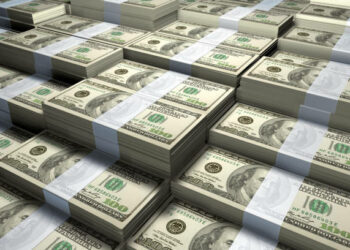 3D rendering of a large stack of one hundred US Dollars bills.