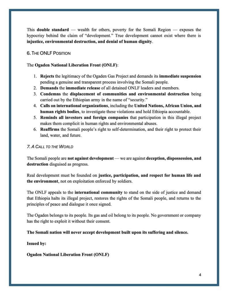 "النفط خط أحمر": جبهة أوجادين تهدد بالعودة للعمل المسلح رداً على إطلاق آبي أحمد مشروع الغاز شرق إثيوبيا 3 "النفط خط أحمر": جبهة أوجادين تهدد بالعودة للعمل المسلح رداً على إطلاق آبي أحمد مشروع الغاز شرق إثيوبيا 2025