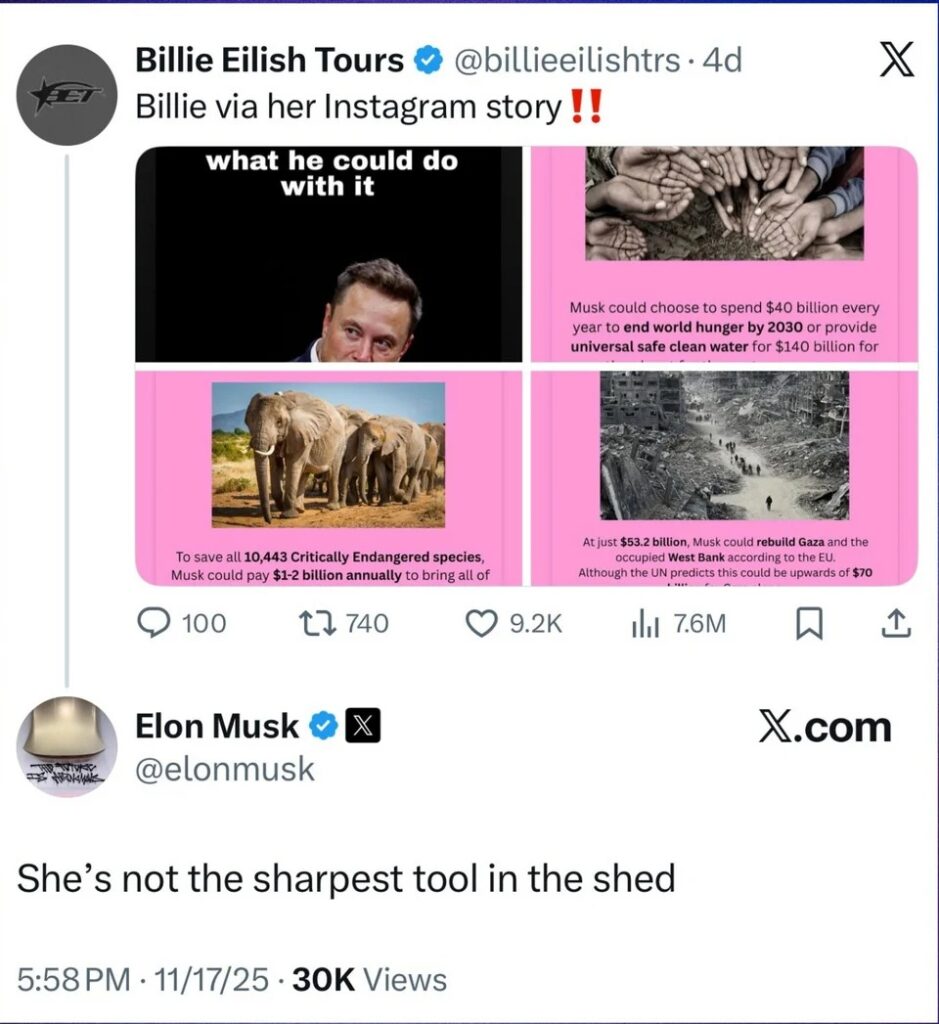 "جبان مثير للشفقة": كيف أشعلت بيلي إيليش الغضب… وماذا قال إيلون ماسك؟ "صور" 2 "جبان مثير للشفقة": كيف أشعلت بيلي إيليش الغضب… وماذا قال إيلون ماسك؟ "صور" 2025