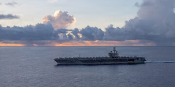 Nimitz-class aircraft carrier USS George H.W. Bush (CVN 77) transits the U.S. Central Command area of responsibility, April 24, 2026. George H.W. Bush is deployed to the U.S. 5th Fleet area of operations to support maritime security and stability in the Middle East. (U.S. Navy photo)
