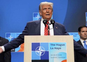 President Donald Trump speaks during a media conference at the end of the NATO summit as Foreign Secretary Marco Rubio, right, and Defence Secretary Pete Hegseth listen, in The Hague, Netherlands, Wednesday, June 25, 2025. (AP Photo/Alex Brandon)