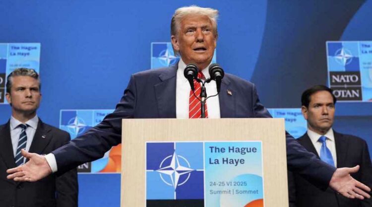 President Donald Trump speaks during a media conference at the end of the NATO summit as Foreign Secretary Marco Rubio, right, and Defence Secretary Pete Hegseth listen, in The Hague, Netherlands, Wednesday, June 25, 2025. (AP Photo/Alex Brandon)