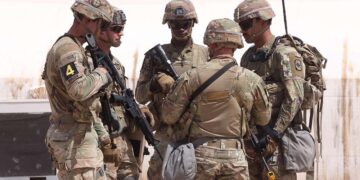 US military personnel participate in the Best Squad Competition at the Buehring base camp in Udairi, in the northwestern region of Kuwait, on May 10, 2023. (Photo by Yasser Al-Zayyat / AFP)